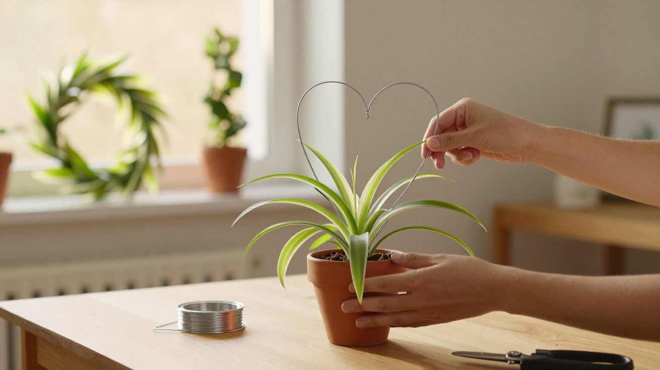 Pessoa segurando vaso com planta e moldando arame em formato de coração em mesa de madeira.
