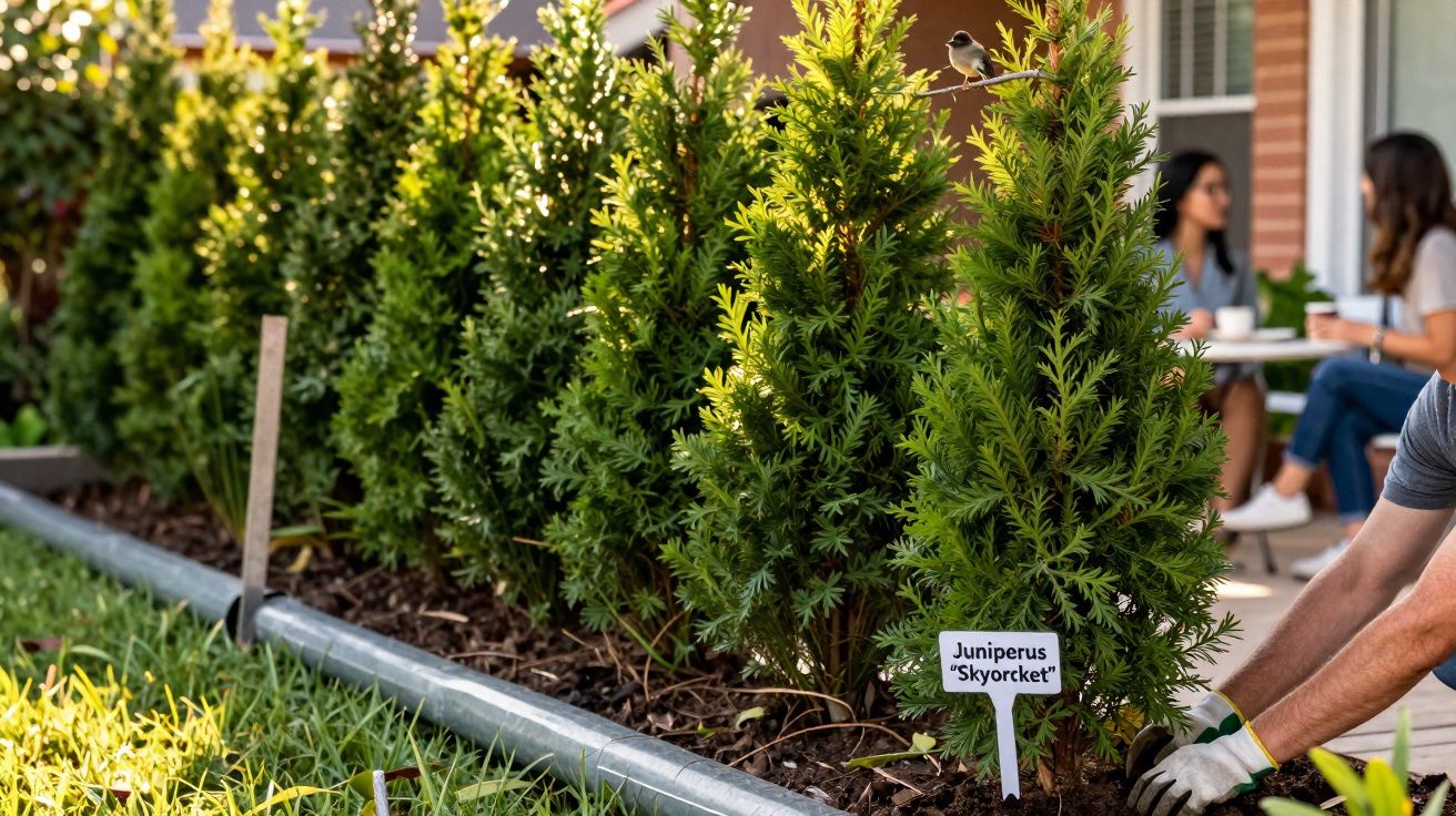 Pessoa plantando arbustos Juniperus Skyrocket em jardim residencial durante o dia ensolarado.
