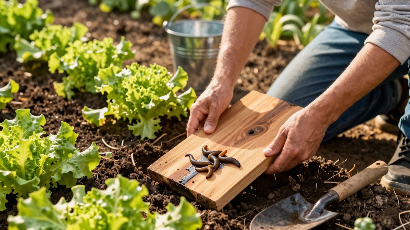 Pessoa usando armadilha de madeira para capturar lesmas em plantação de alface em horta.