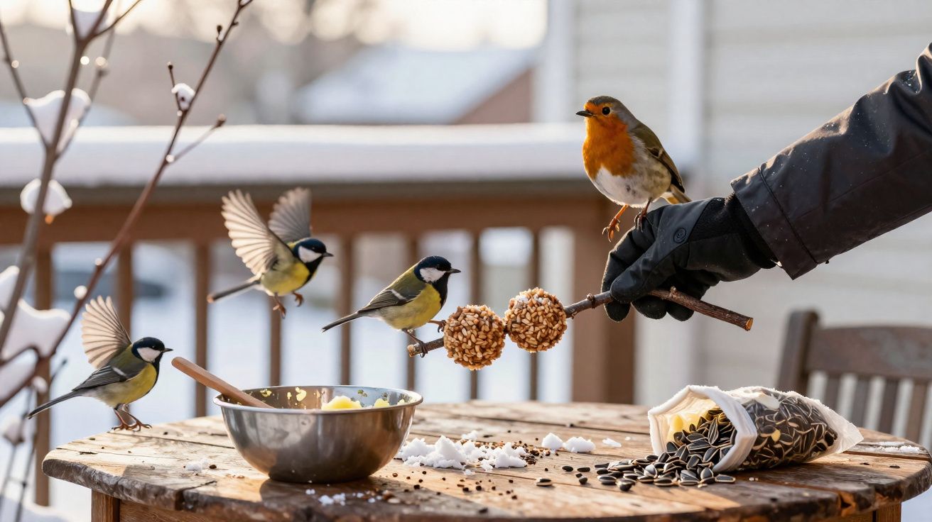 Pássaros alimentando-se de sementes em um galho segurado por uma mão enluvada sobre uma mesa de madeira.