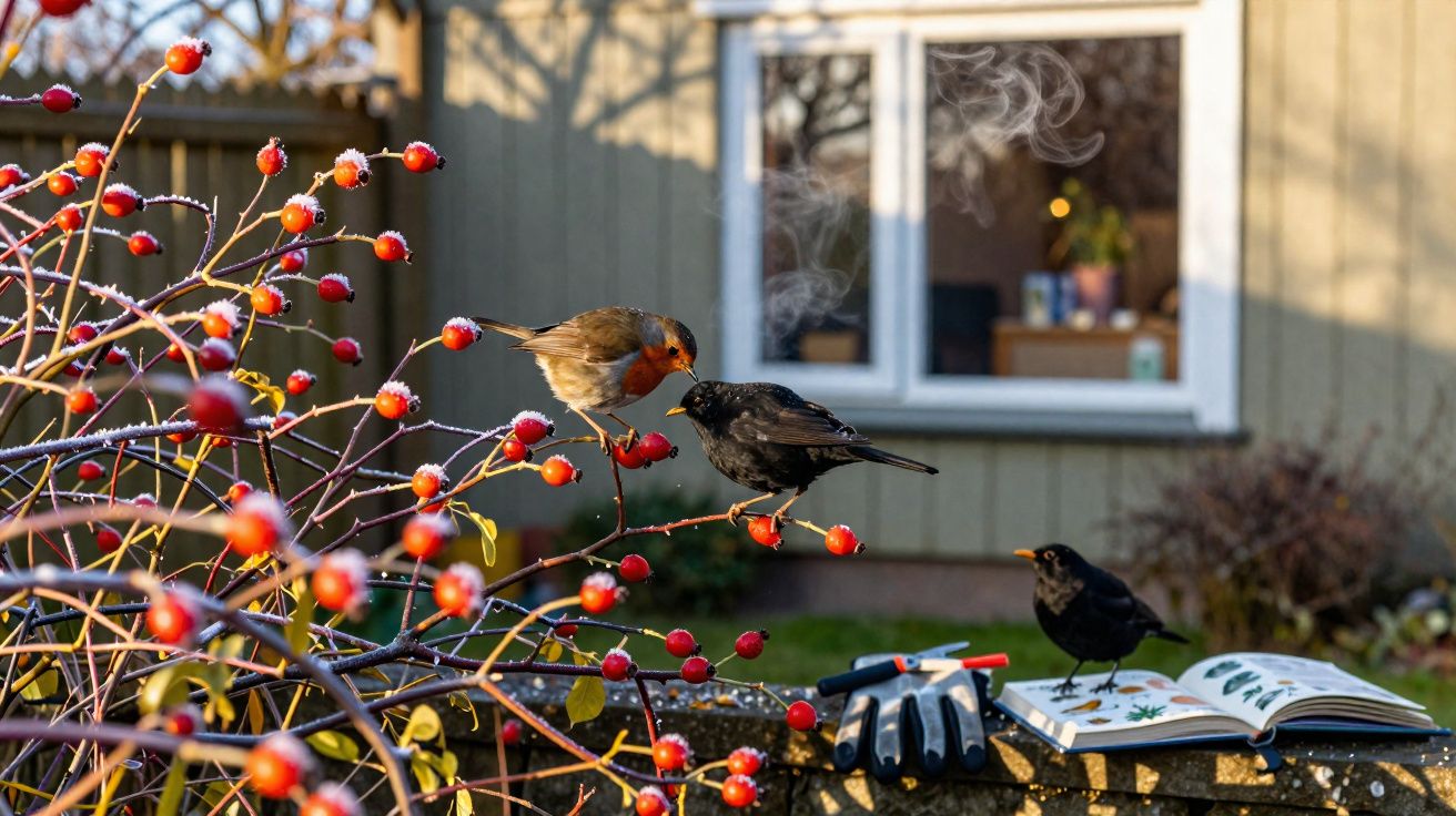 Dois pássaros interagindo em galho com frutas vermelhas, com luvas e livro aberto ao fundo, em jardim.