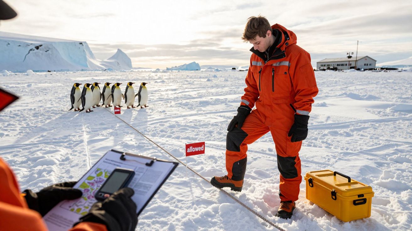 Pesquisadores com roupas laranja e pinguins imperadores em área gelada com equipamentos de estudo na neve.