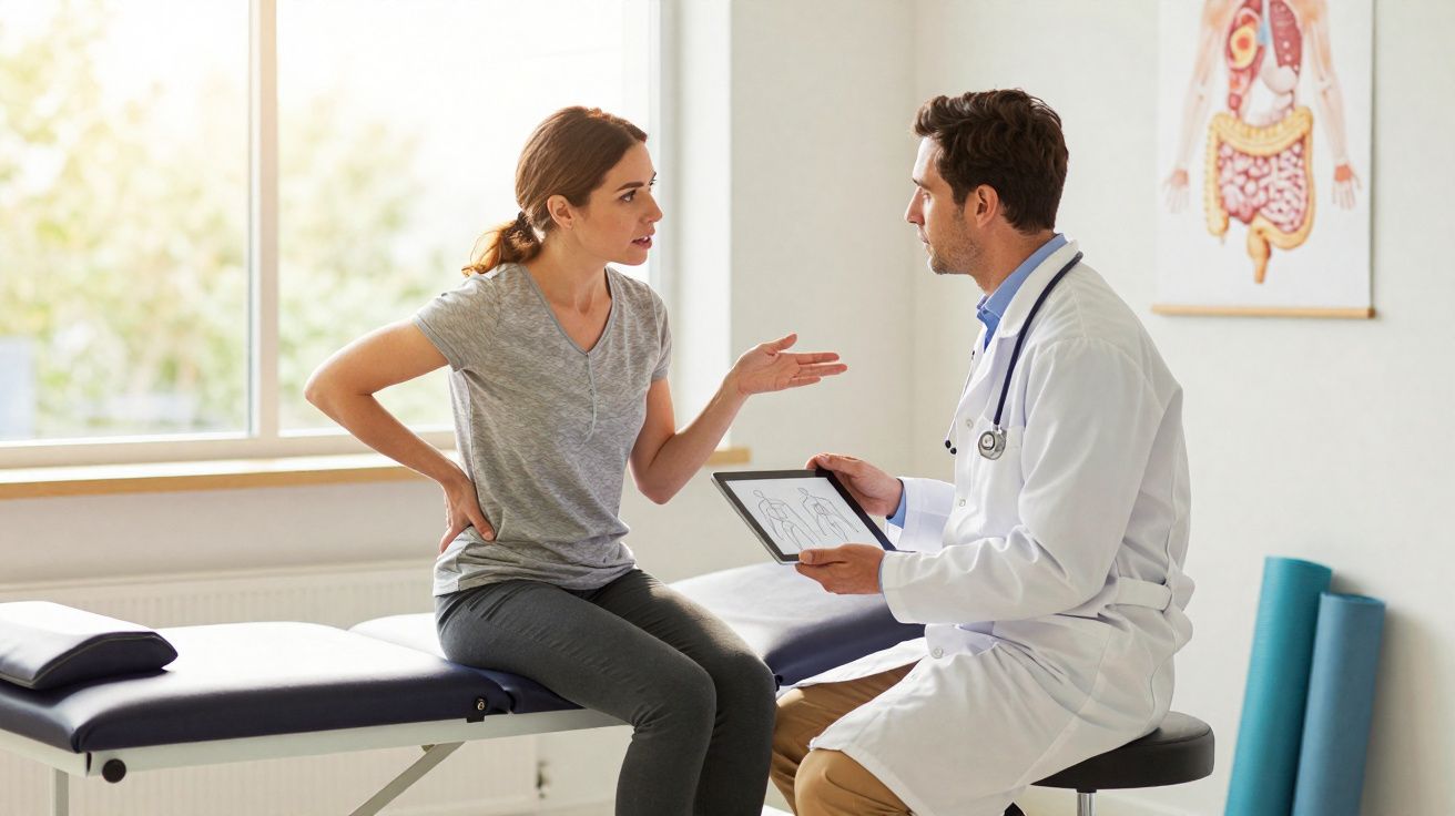 Paciente sentada na maca conversa com médico que mostra exame em tablet em consultório iluminado.