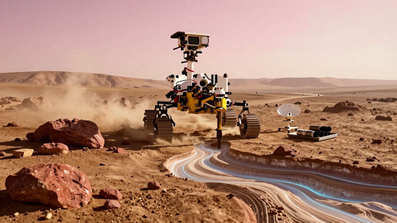 Rover explorando terreno marciano com ferramentas e solo avermelhado com rochas e areia.