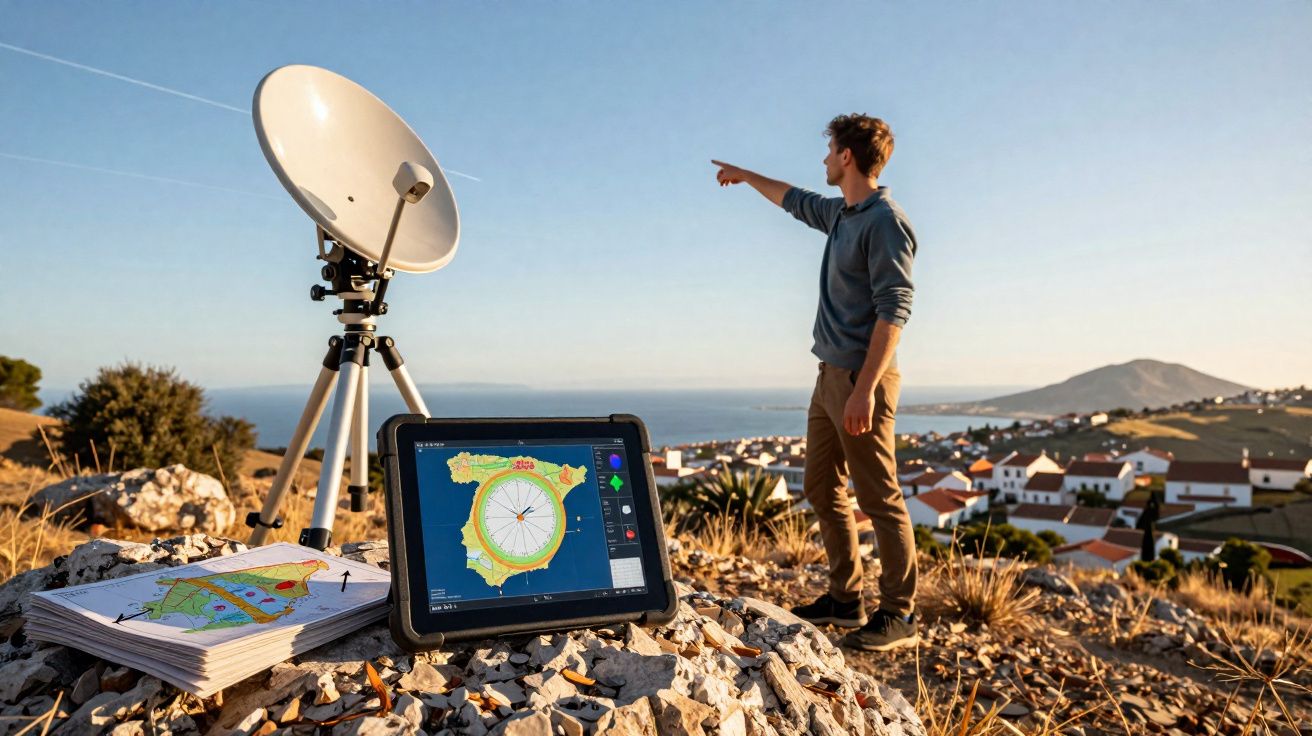 Homem aponta para o horizonte em área montanhosa com tablet, antena parabólica e mapas sobre pedras.