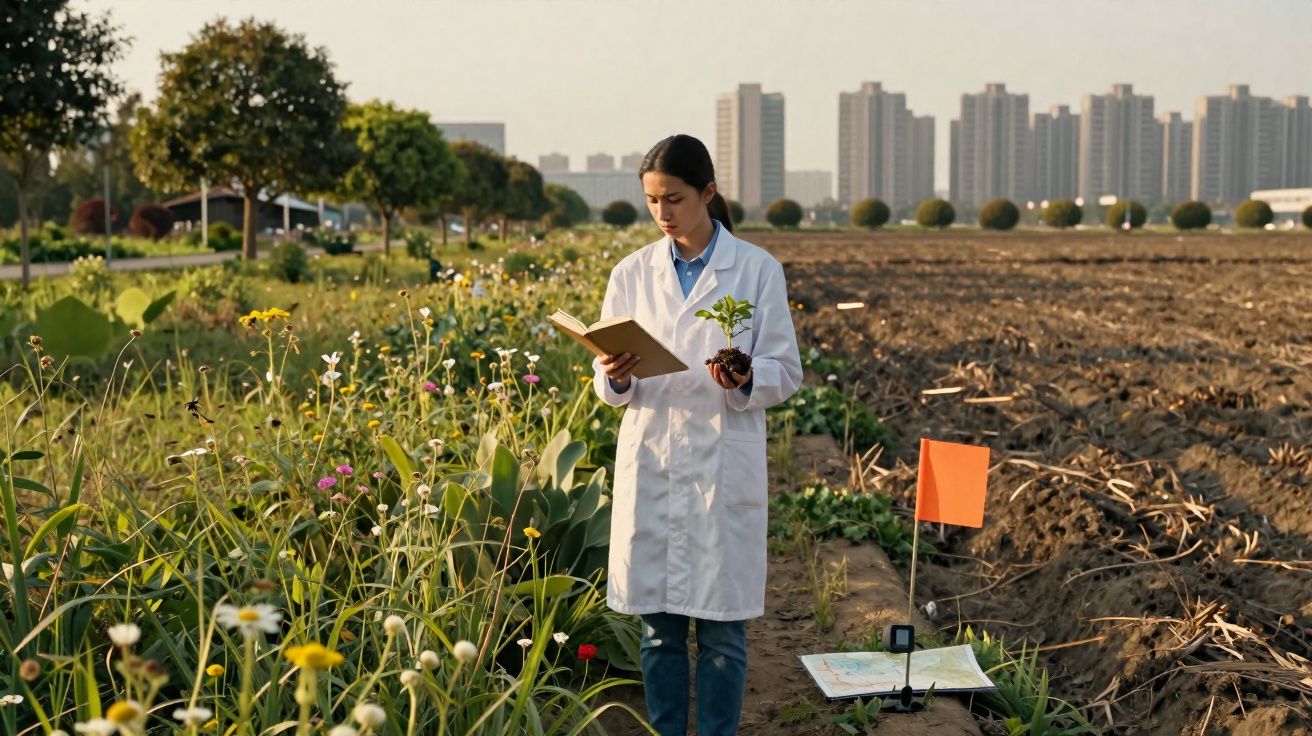 Mulher cientista em jaleco branco analisa planta em campo com flores e edifícios ao fundo.
