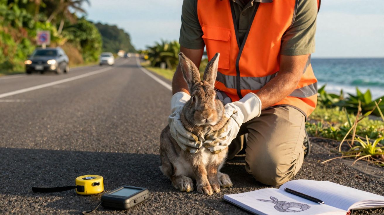 Técnico com colete laranja segura coelho na estrada para medir e desenhar ao ar livre perto do mar.