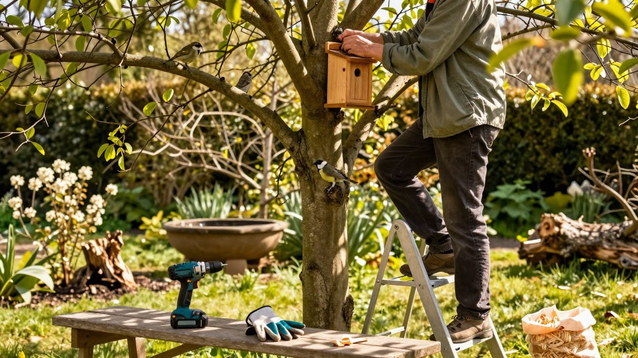 Pessoa instalando casa de passarinho em árvore no jardim com pássaros e ferramentas ao redor.
