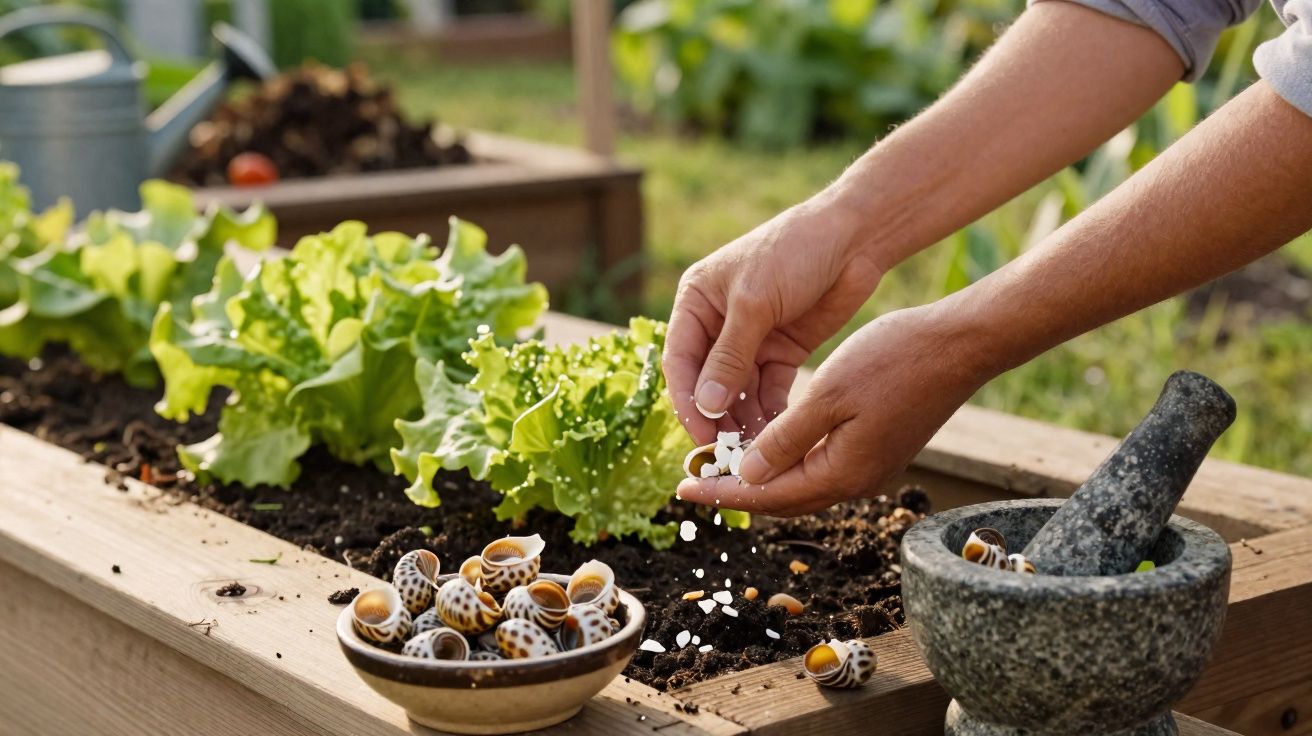 Pessoa colocando conchas e adubo em plantações de alface em um canteiro de madeira.