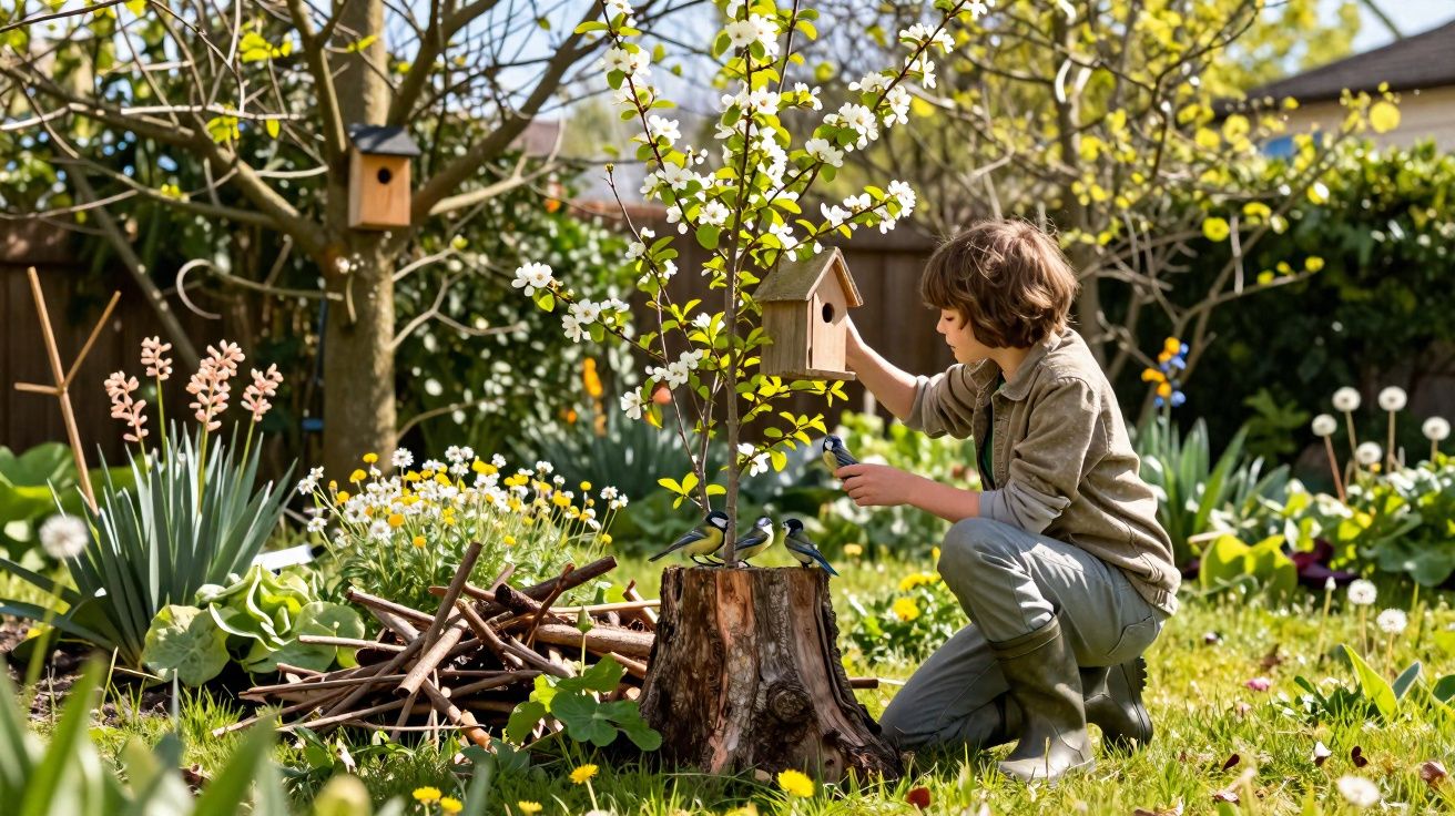 Menino arrumando uma casinha de passarinho em jardim florido durante o dia.
