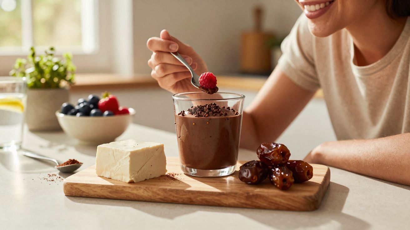 Pessoa segurando colher com fruta vermelha sobre copo de mousse de chocolate com pedaços de chocolate e tâmaras.
