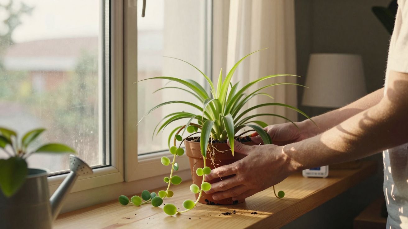 Pessoa cuidando de planta em vaso sobre parapeito de madeira ao lado de janela com luz natural.