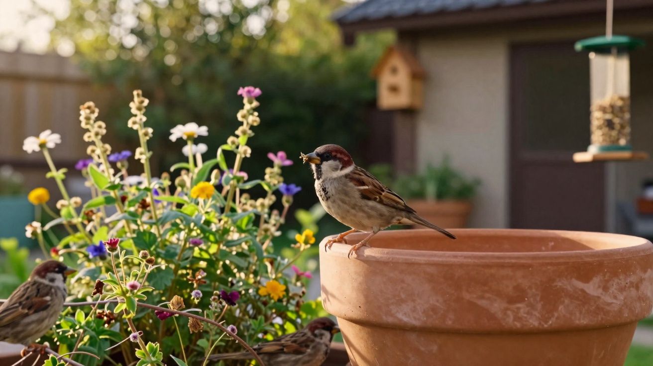 Pássaro marrom comendo inseto em vaso de cerâmica em jardim com flores coloridas ao fundo.