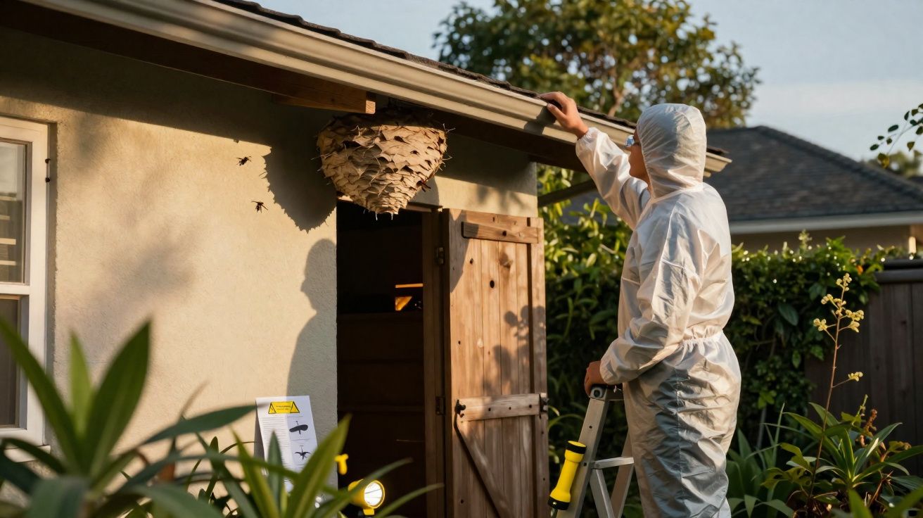 Pessoa com roupa protetora removendo um grande ninho de vespas na parte externa de uma casa.