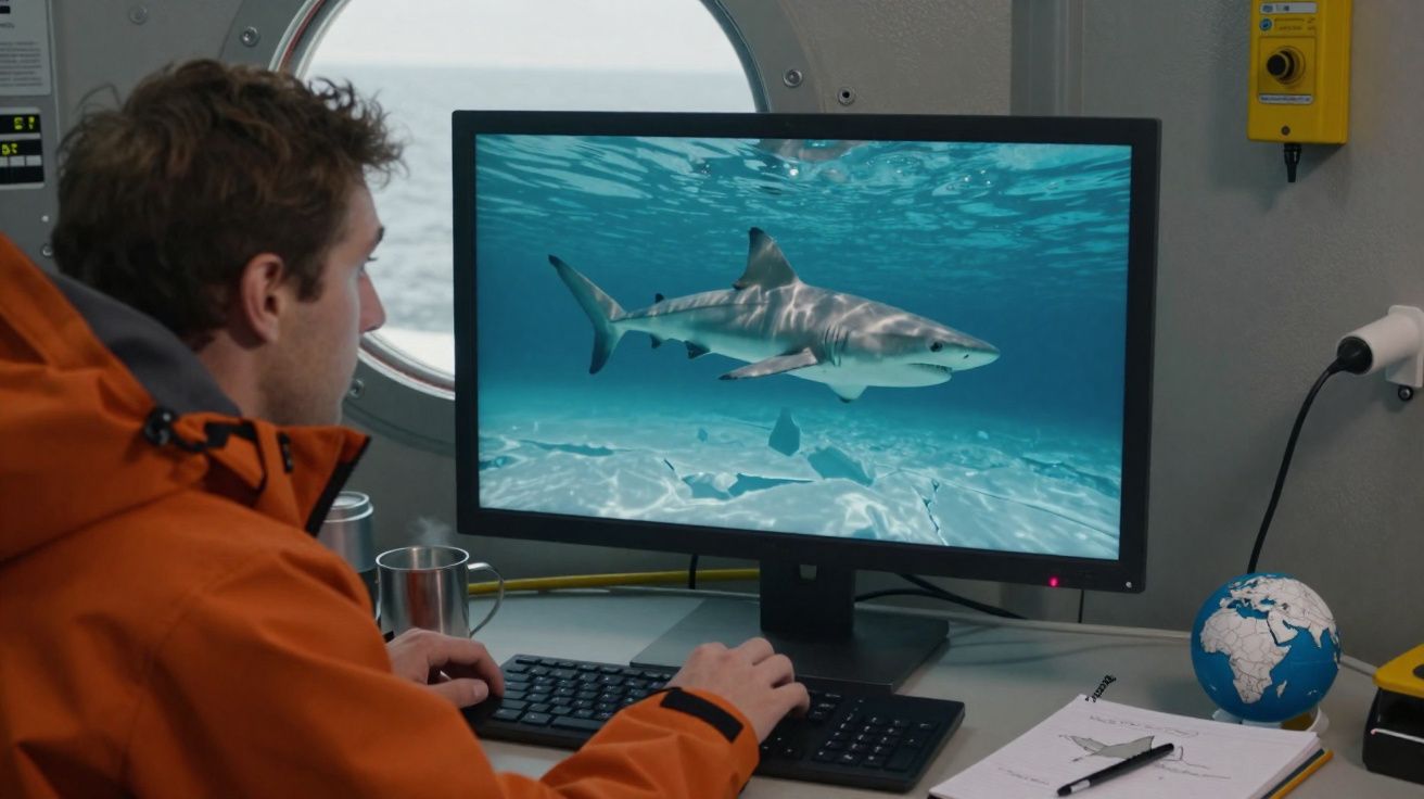 Homem em jaqueta laranja observa tubarão exibido em monitor de computador em ambiente interno com punho de janela redonda.
