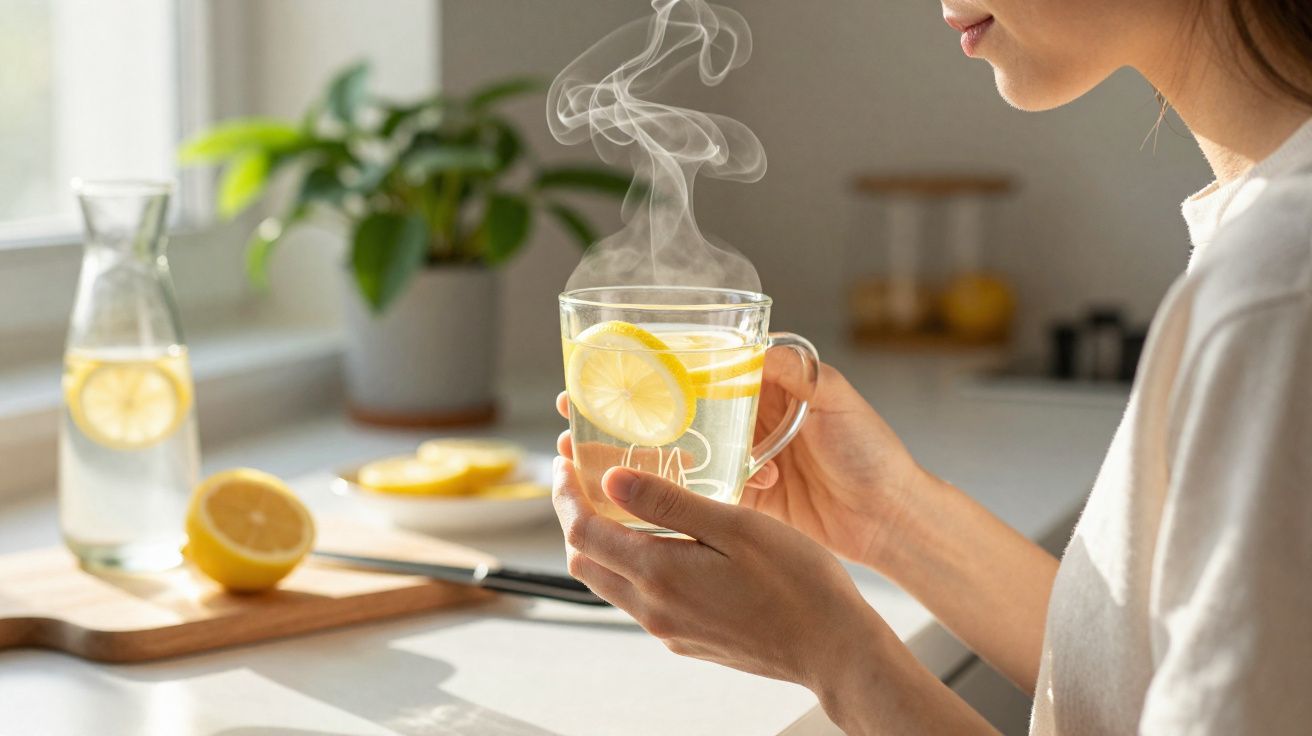 Pessoa segurando uma xícara com chá de limão quente em cozinha iluminada pelo sol.