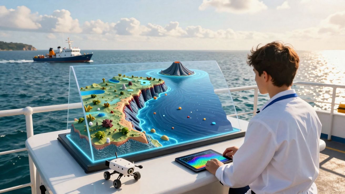 Jovem analisa modelo 3D interativo de ilha e oceano em barco, com outra embarcação ao fundo.