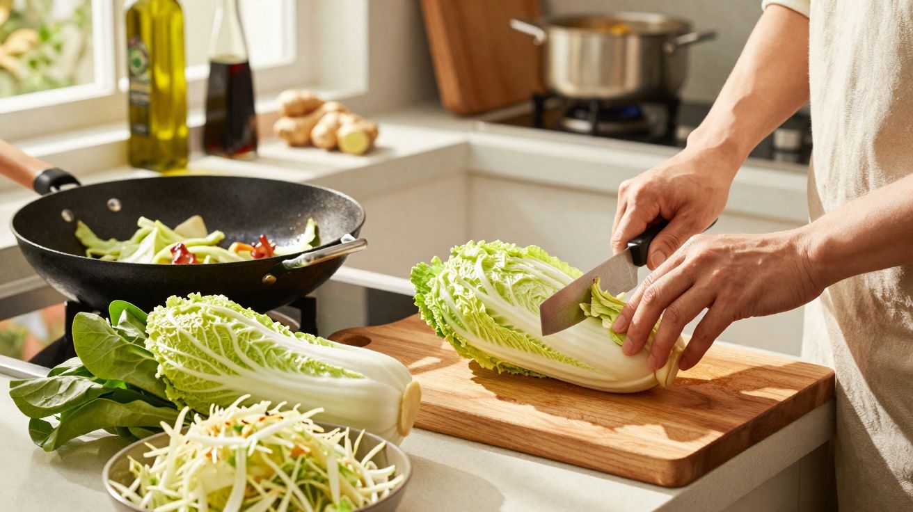 Pessoa cortando acelga em tábua na cozinha com wok, legumes e panela ao fundo.
