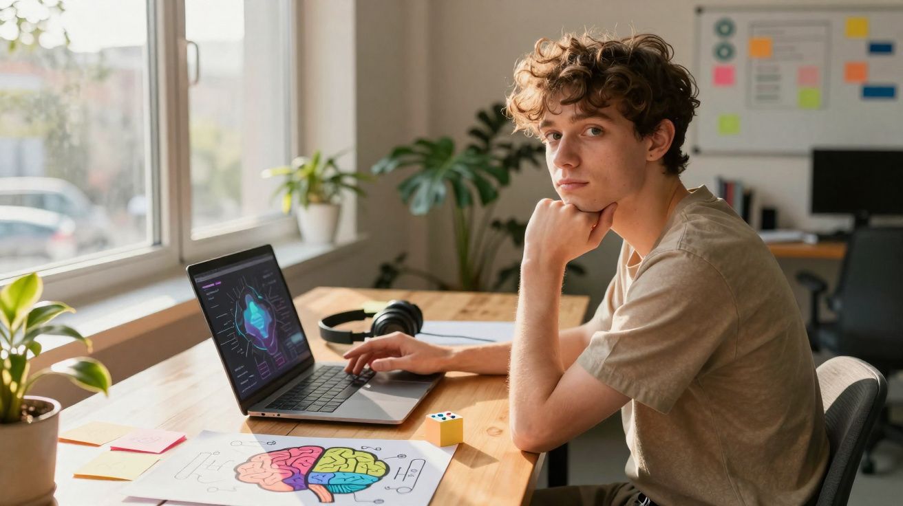 Jovem sentado à mesa com laptop aberto e desenho colorido do cérebro, em ambiente iluminado e decorado com plantas.