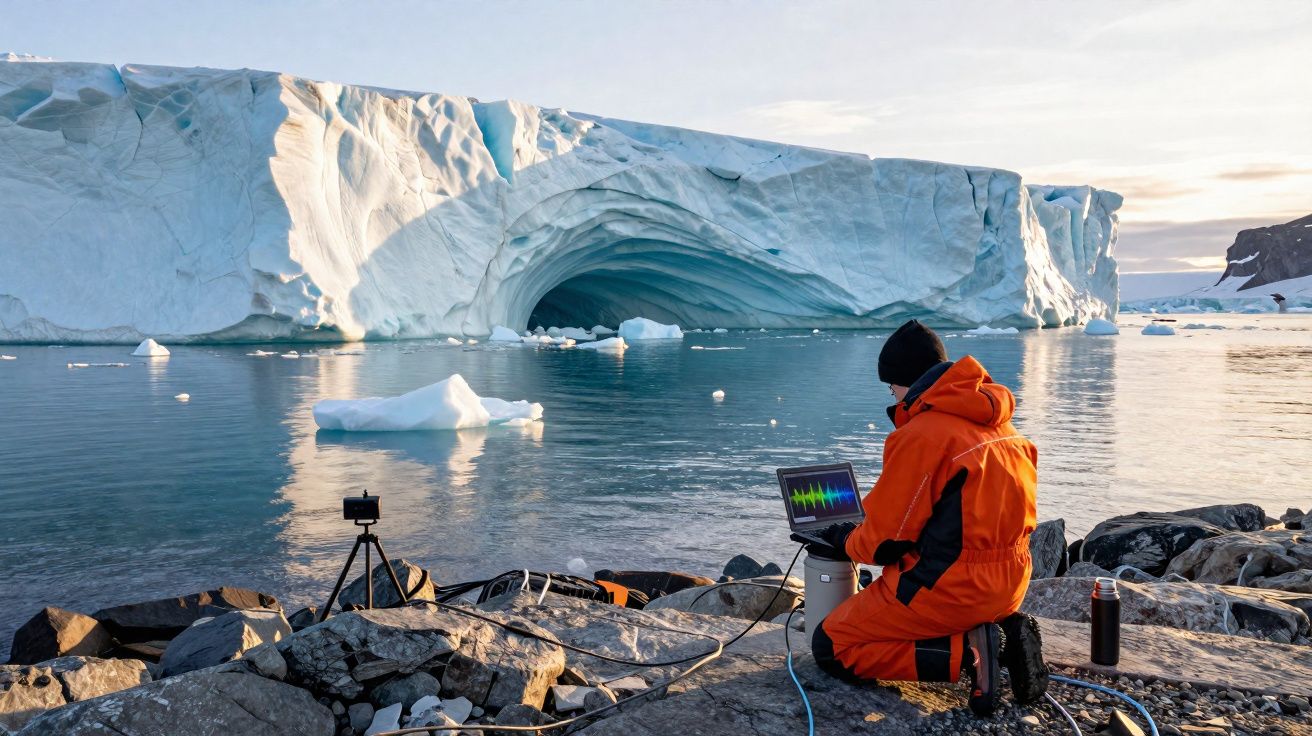 Pessoa com roupa laranja utilizando laptop perto de iceberg com caverna em águas calmas no pôr do sol.