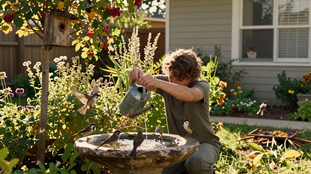 Menino regando pássaros que bebem água em uma bica no jardim ensolarado.