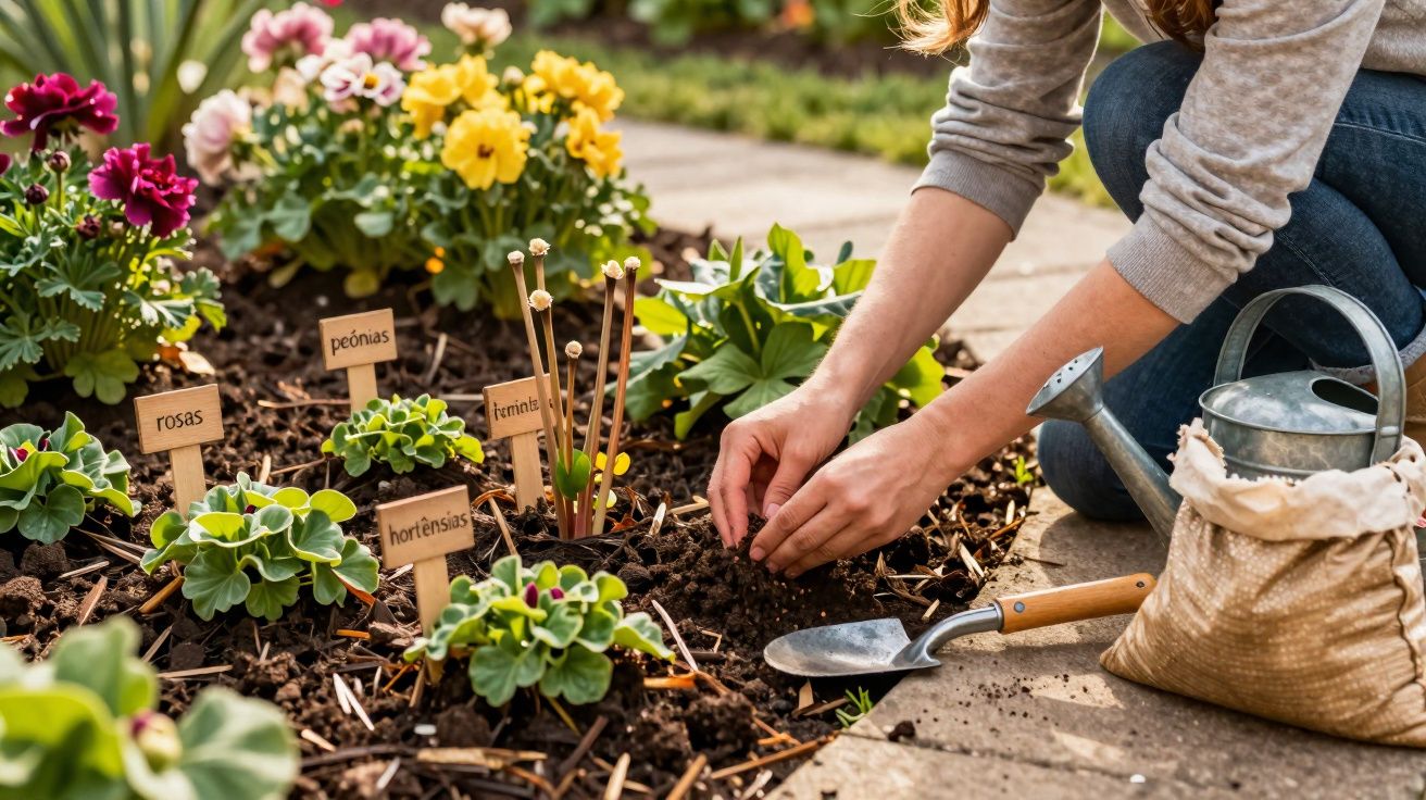 Pessoa plantando flores em canteiro de jardim com placas identificando rosas, peônias e hortênsias.