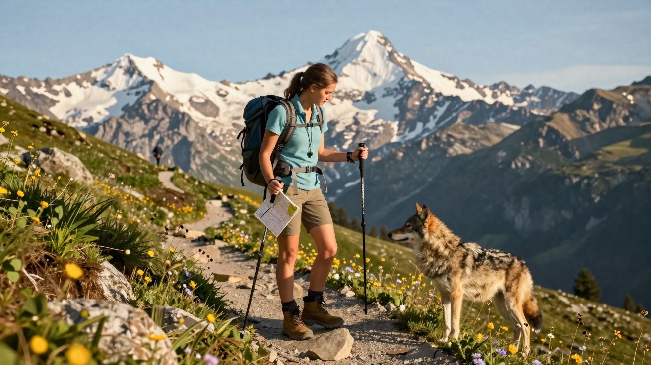 Mulher com mochila e mapa na mão encontra cão parecido com lobo em trilha de montanha com flores e picos nevados.