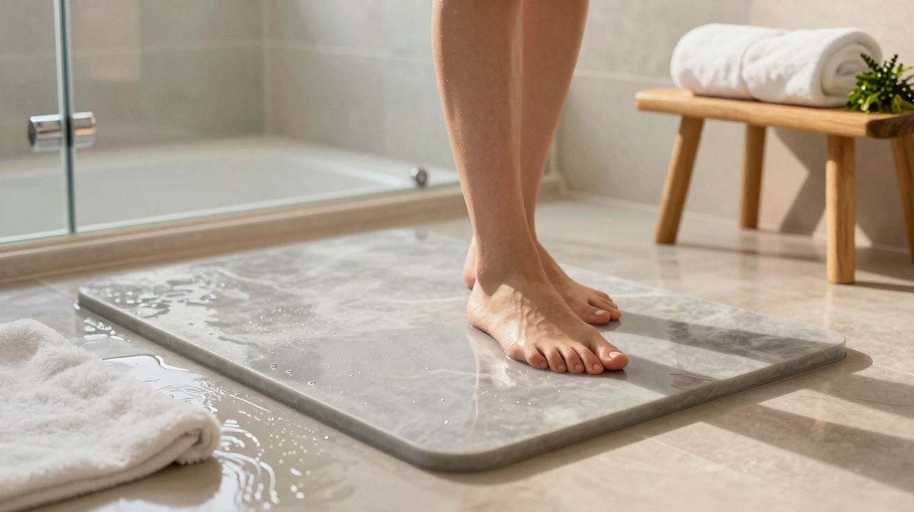 Pés descalços de pessoa em tapete absorvente de banheiro com toalhas ao redor.