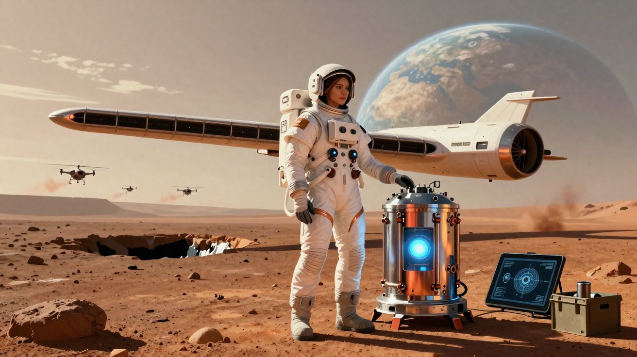 Astronauta em traje espacial em planeta deserto com equipamento futurista e nave voadora ao fundo.