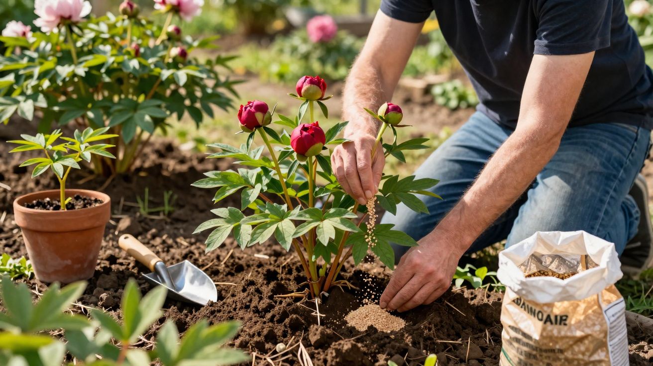 Pessoa distribuindo fertilizante em planta com flores vermelhas em jardim ensolarado.