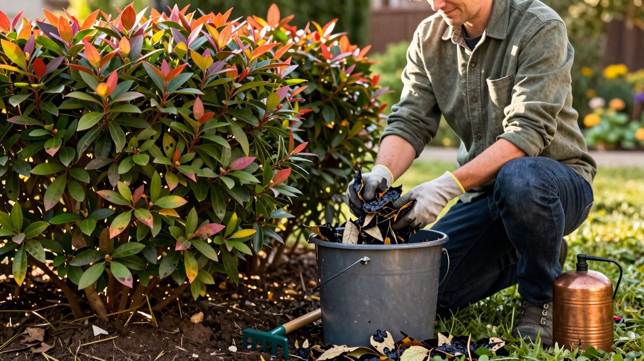 Homem recolhendo folhas secas em balde próximo a arbustos com folhas verdes e vermelhas.