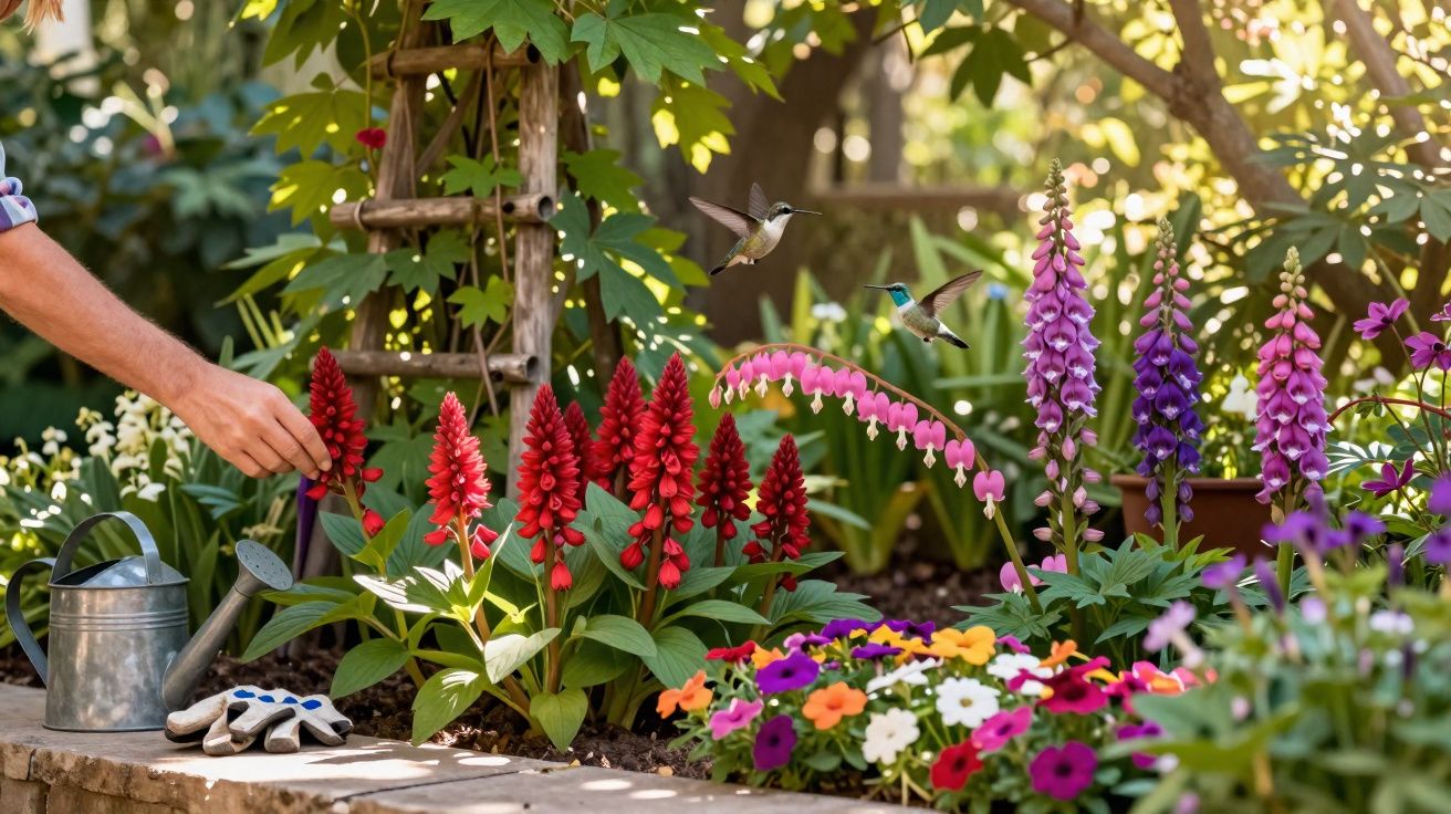 Mãos cuidando de flores coloridas no jardim com beija-flores voando e regador ao lado.
