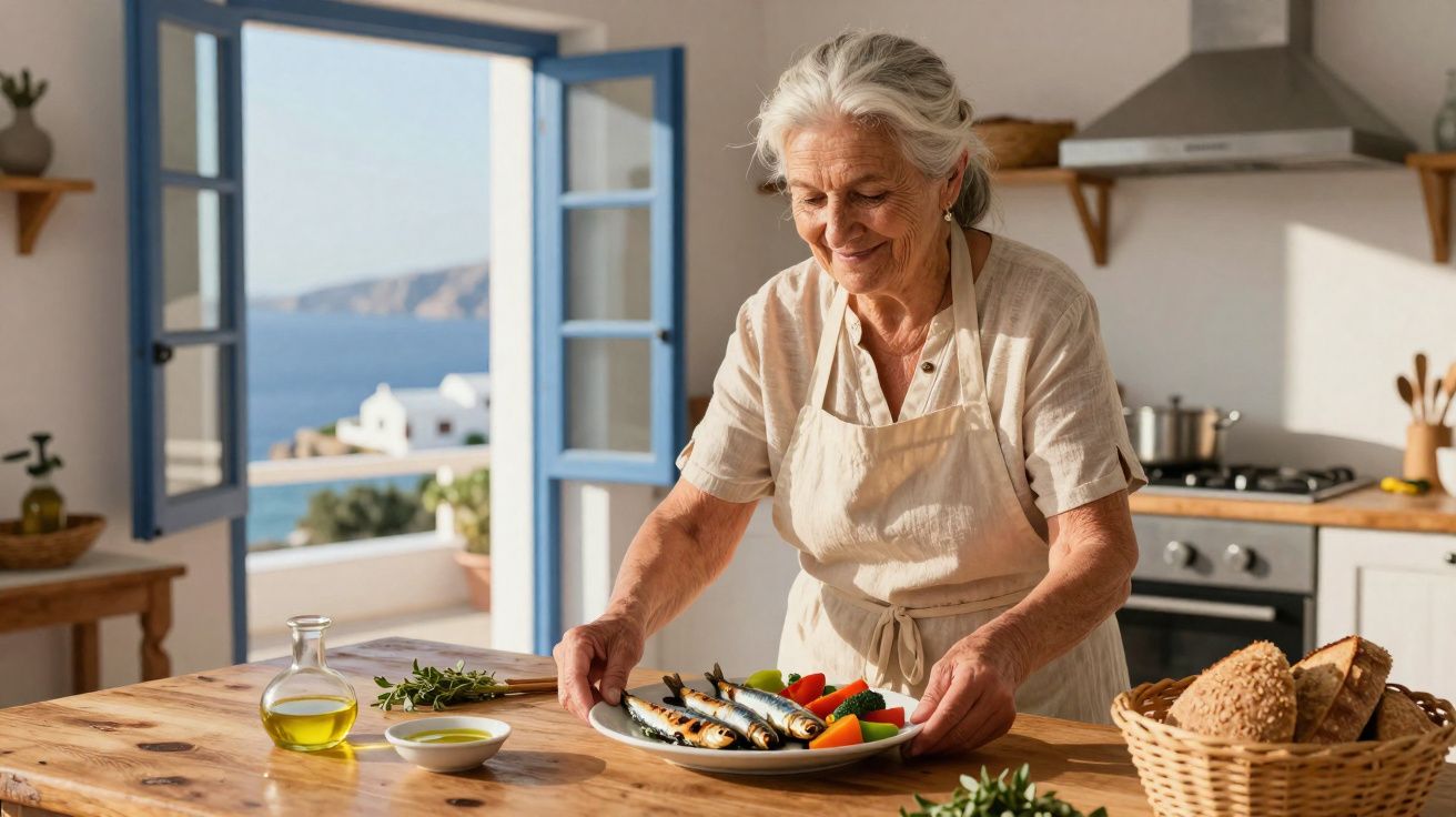 Mulher idosa em cozinha iluminada servindo prato com peixes grelhados e legumes frescos.