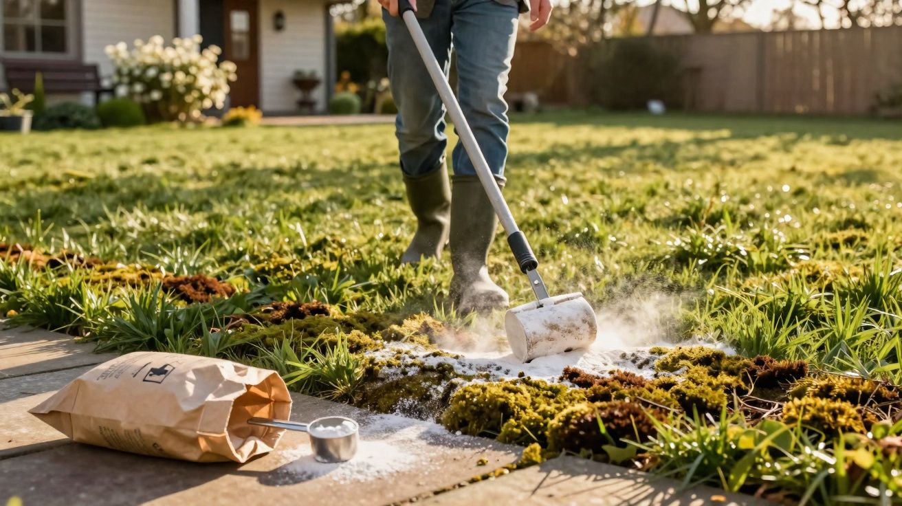 Pessoa usando malho para quebrar musgo no jardim, com saco aberto de pó branco ao lado.
