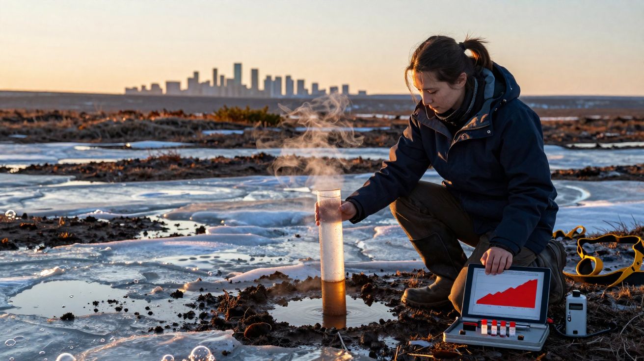 Pesquisadora coleta amostra de solo congelado próximo a área urbana ao amanhecer.