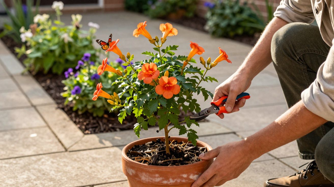 Pessoa podando planta com flores laranja em vaso de barro no jardim ao ar livre.
