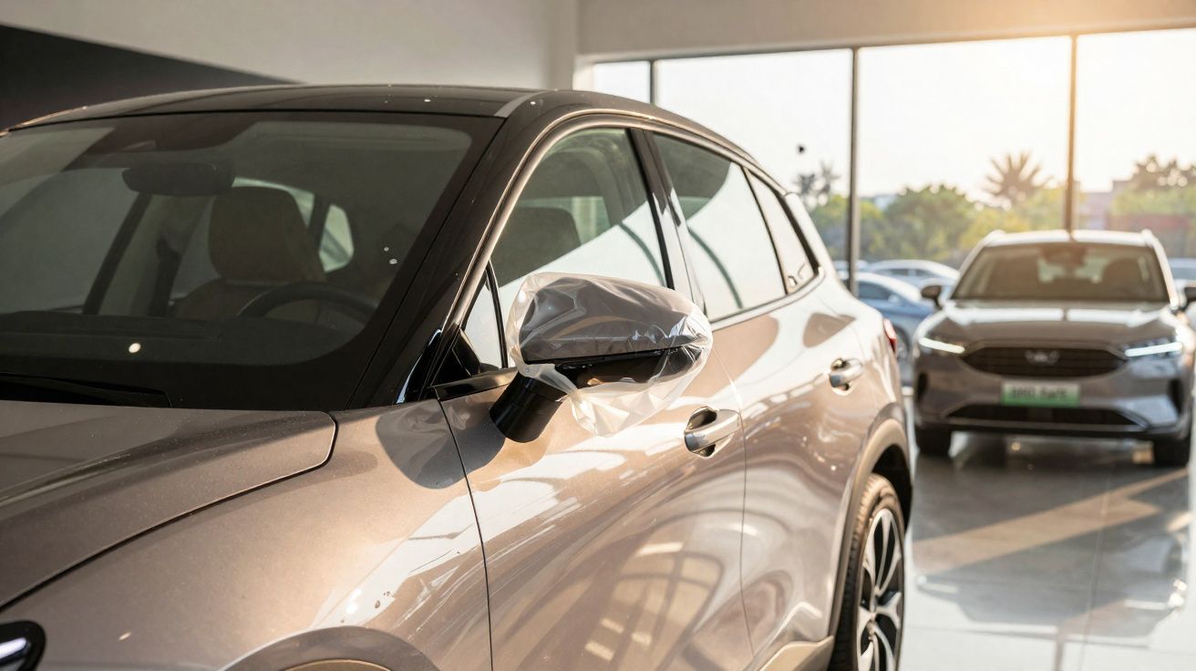 Carro cinza metálico exibido em showroom com espelho retrovisor coberto por proteção plástica.