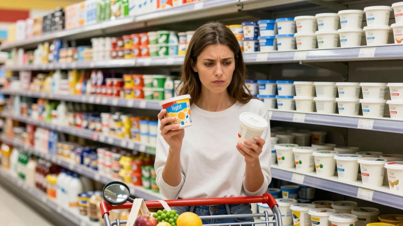 Mulher em supermercado comparando potes de iogurte no corredor de laticínios com carrinho cheio.