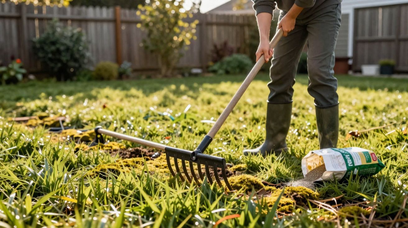 Pessoa usando enxada para cuidar do jardim em área gramada ensolarada com bolsa de adubo ao lado.