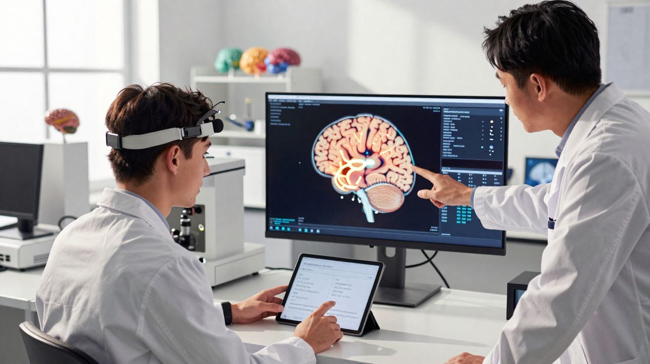 Dois cientistas em laboratório analisando imagem digital do cérebro humano em computador e tablet.