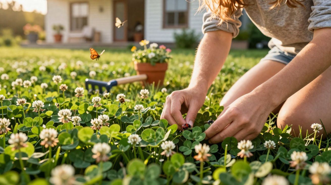 Pessoa ajoelhada cuidando de plantas em um jardim com flores e insetos ao entardecer.