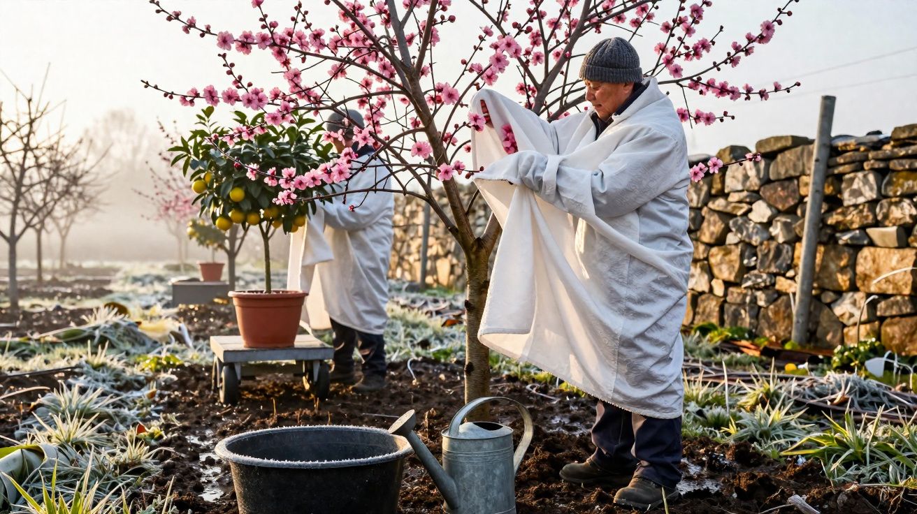 Pessoas cobrem árvores floridas com tecidos para protegê-las do frio em um jardim ao amanhecer.
