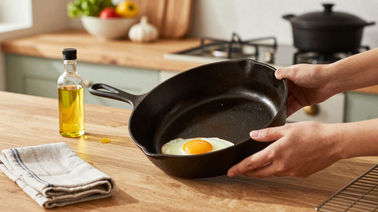 Mãos seguram frigideira de ferro com ovo frito, ao lado de óleo e toalha em bancada de cozinha.