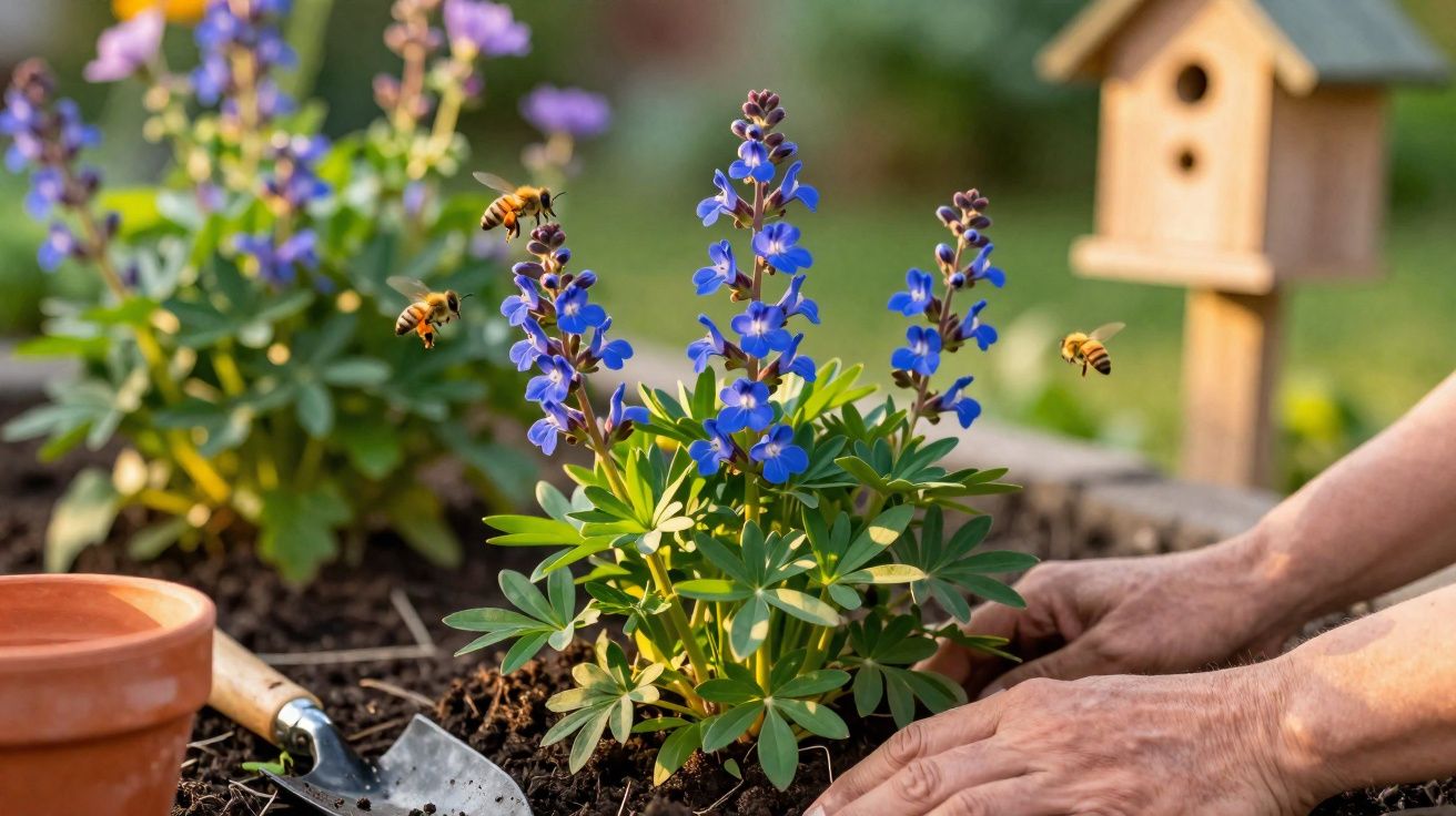 Pessoa plantando flores roxas no jardim com abelhas voando e ferramenta de jardinagem ao lado.
