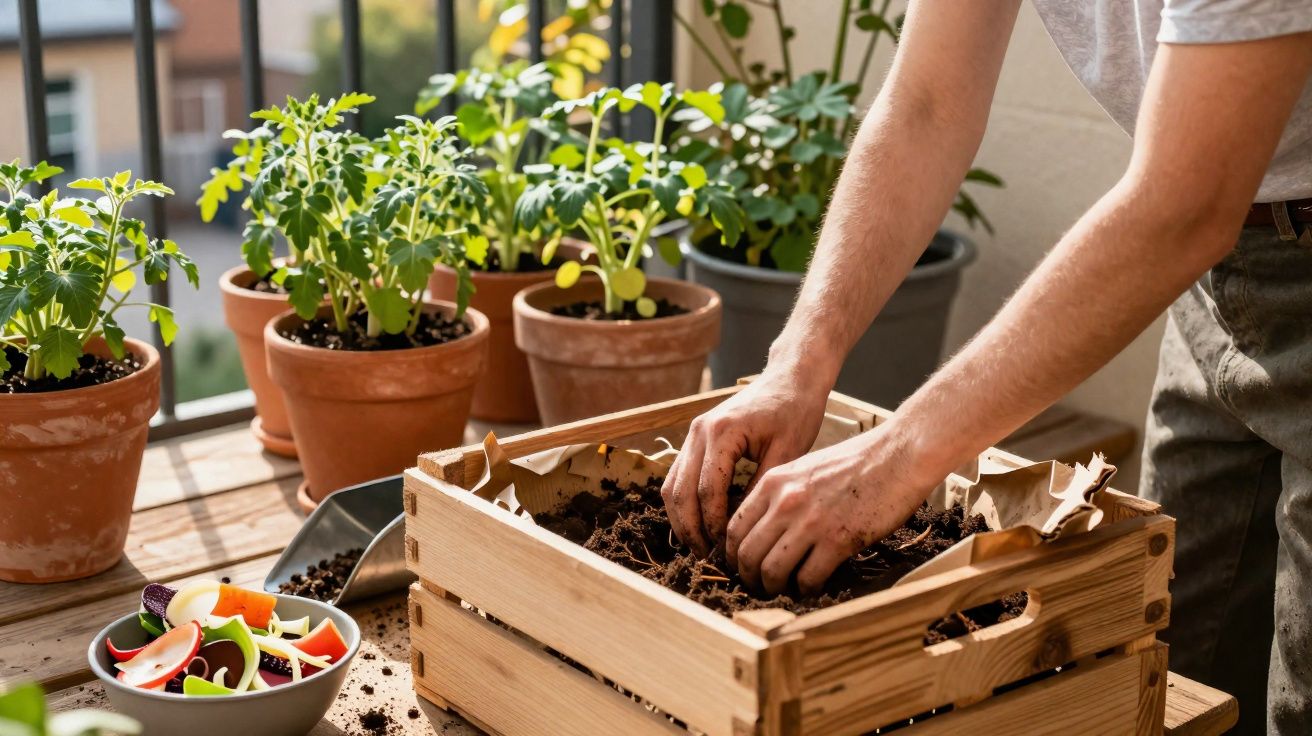 Pessoa preparando terra em caixa de madeira para plantar, com vasos de plantas em varanda ao fundo.