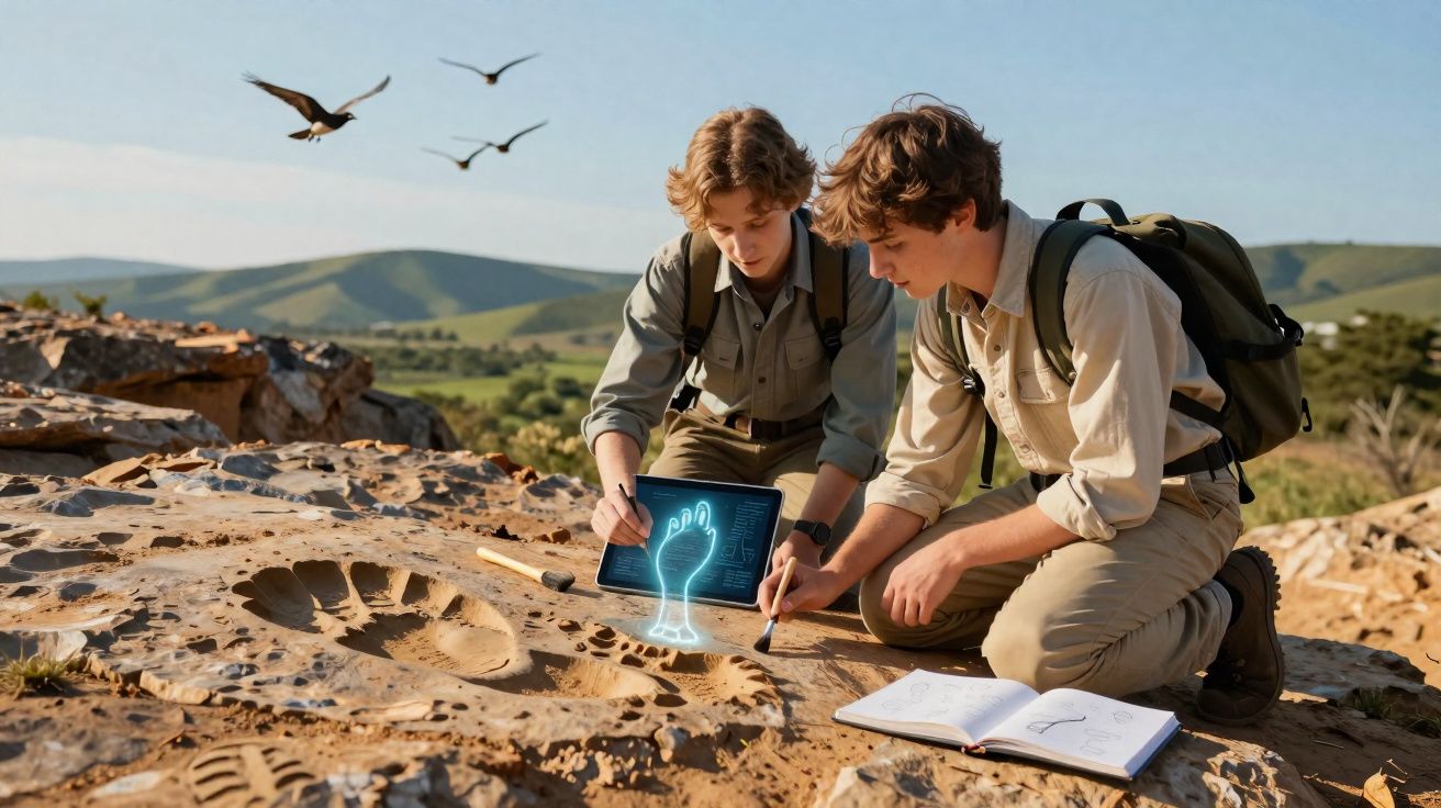 Dois jovens exploradores estudam pegadas antigas em uma rocha, usando tablet com holograma de mão.