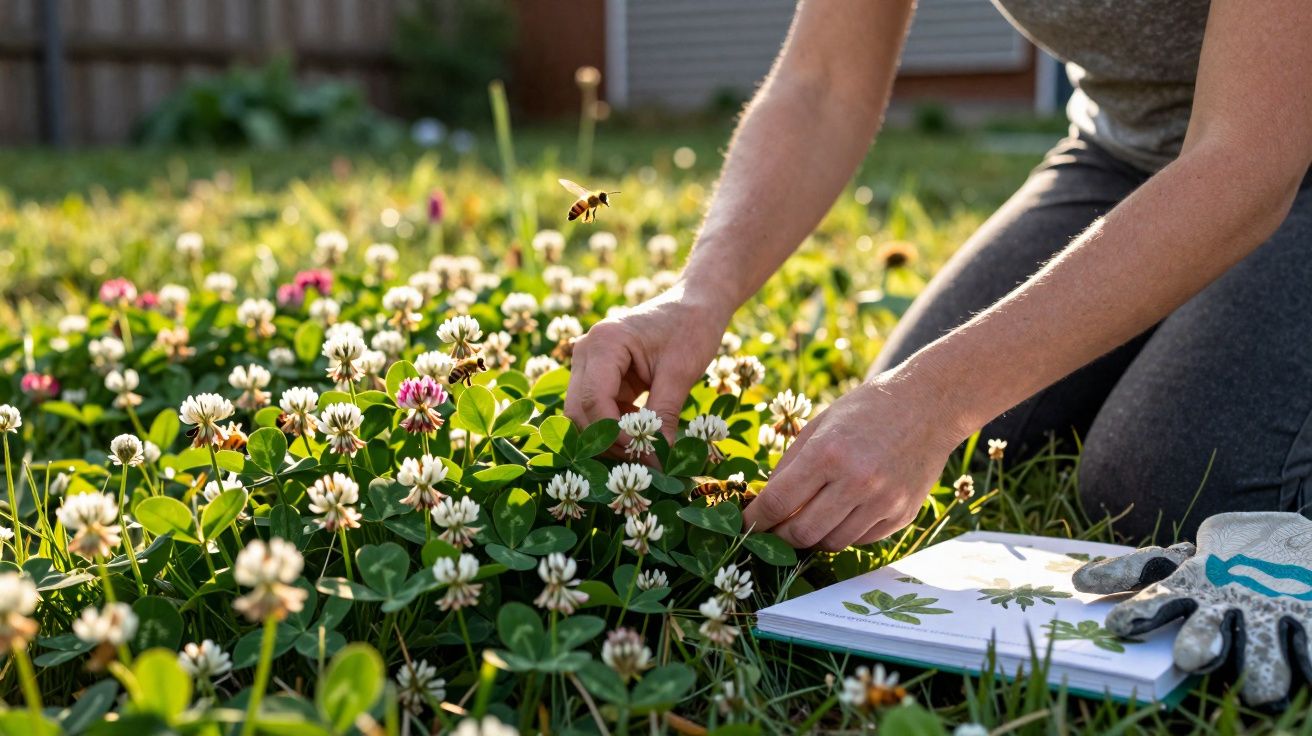 Pessoa colhendo flores de trevo branco em jardim com abelhas voando e caderno ao lado.