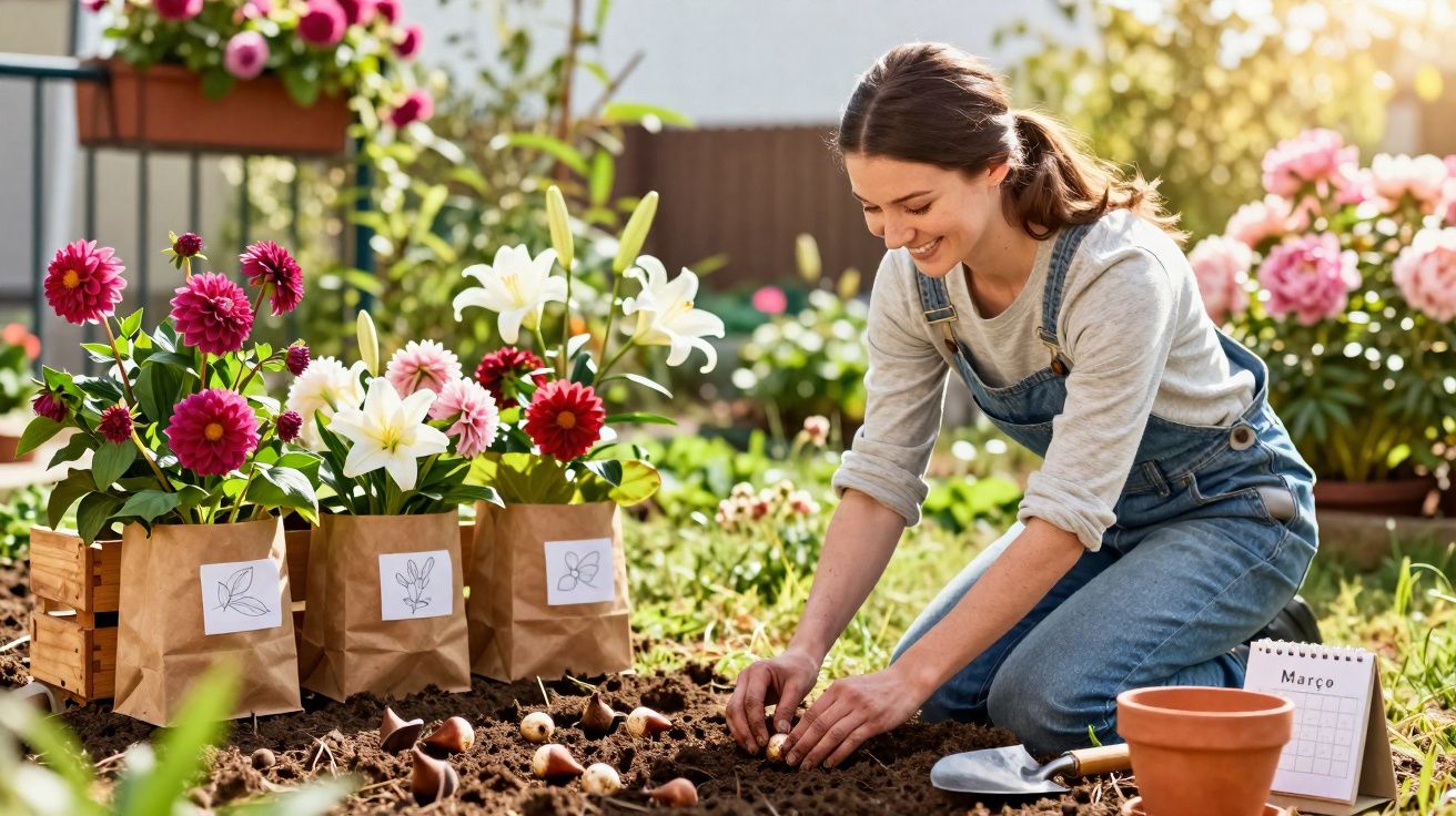 Mulher plantando flores no jardim em um dia ensolarado, com vasos e flores coloridas ao redor.
