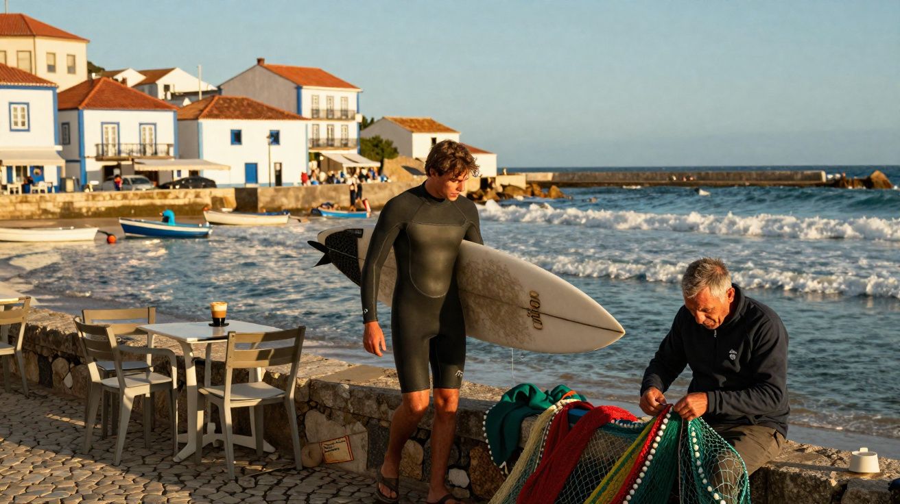 Jovem com prancha de surf conversa com pescador consertando rede na orla de cidade litorânea ao pôr do sol.
