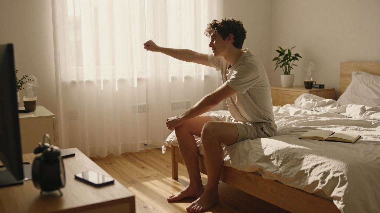 Homem sentado na cama em quarto iluminado, fazendo gesto de soco para frente com braço estendido.